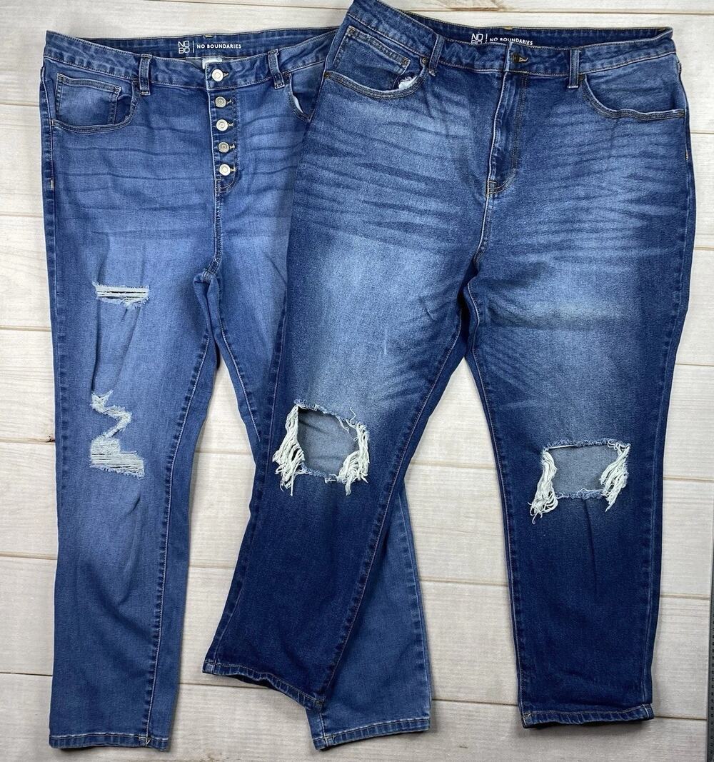 2 Pair No Boundaries Jeans Jr Sz 21 Blue Denim Skinny Button Fly Distressed